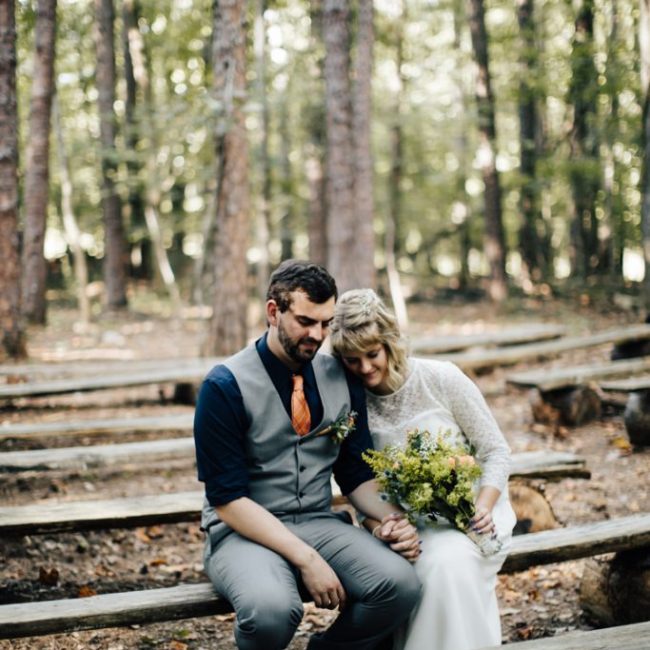 couple sitting on bench alone in the woodlands